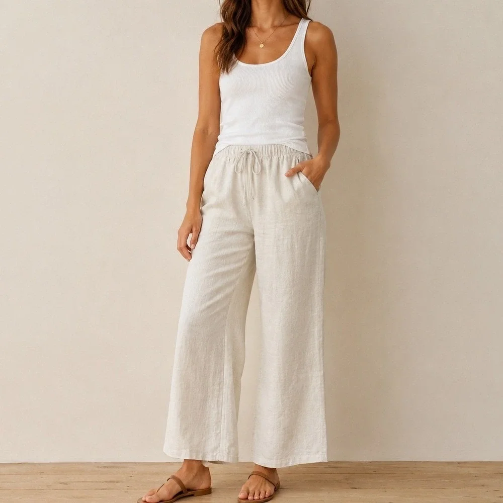 Wilfred Aritzia Linen Blend Wide Leg Pants Beige XS Elastic Waist Drawstring